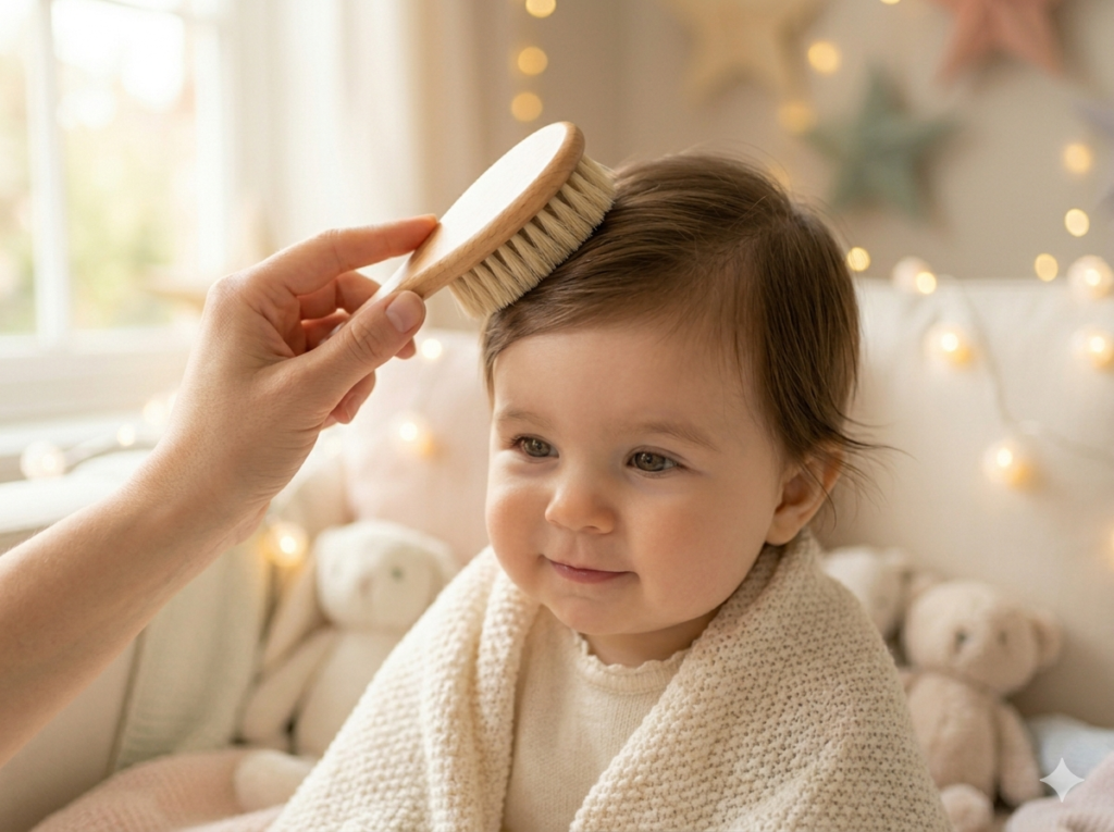 parent brushing baby hair gently with soft brush