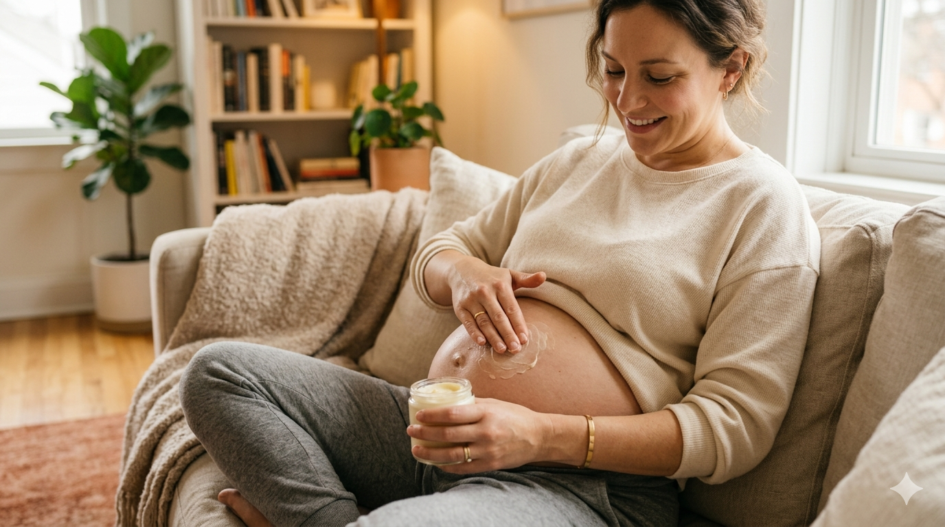 pregnant person applying belly butter on baby bump for stretch mark prevention