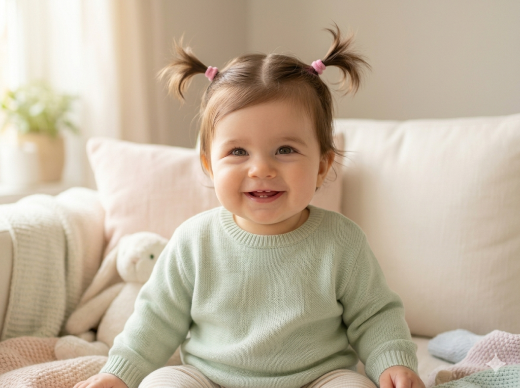 baby with small ponytail and pigtails easy hairstyle