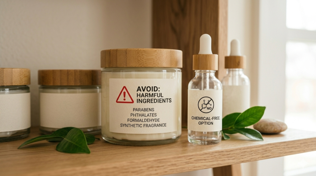skincare products showing parabens and chemicals to avoid in pregnancy
