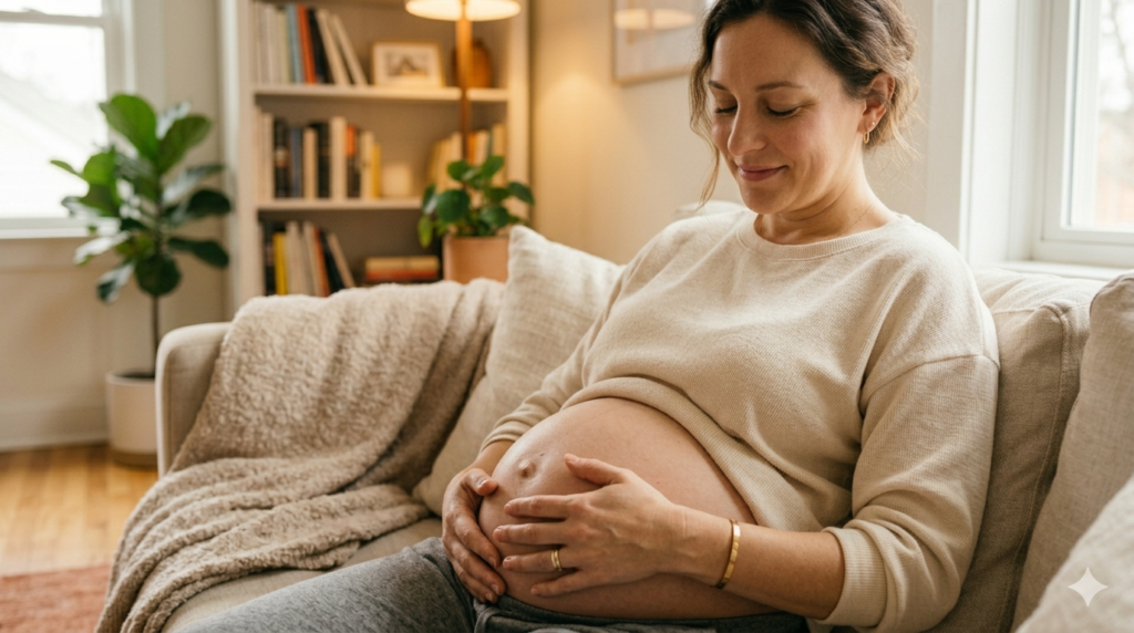 pregnant person holding growing belly showing skin stretching during pregnancy