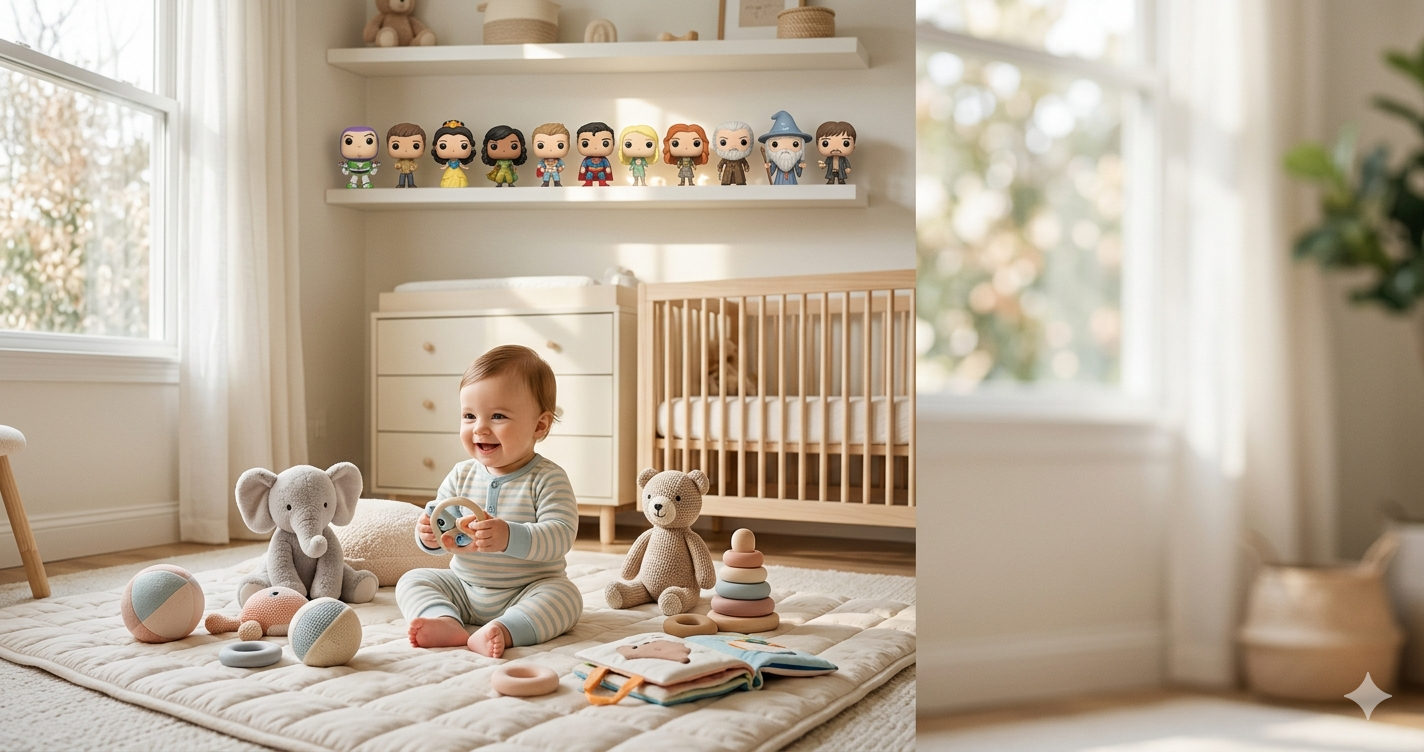 Funko Pop for baby safety guide showing nursery setup with toys and collectibles placed safely out of reach