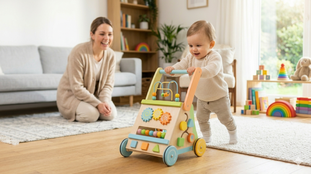 Baby taking first steps using a push learning walker with parent support