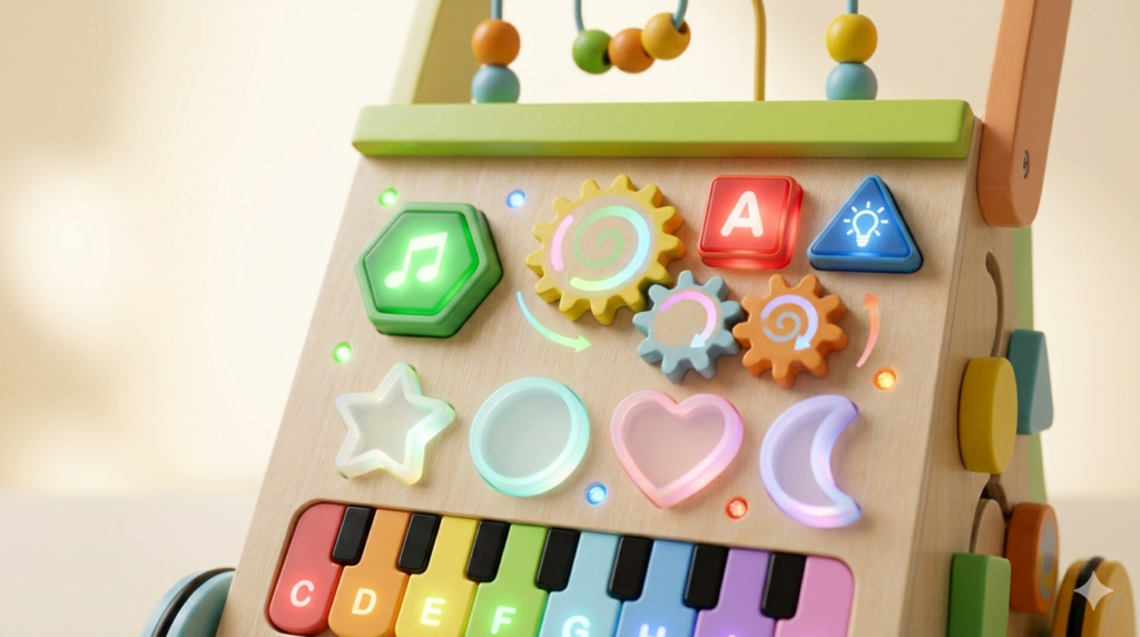 Close-up of baby walker toy with colorful buttons lights and educational activities