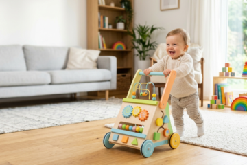 Happy baby using a colorful learning walker toy to practice walking safely at home