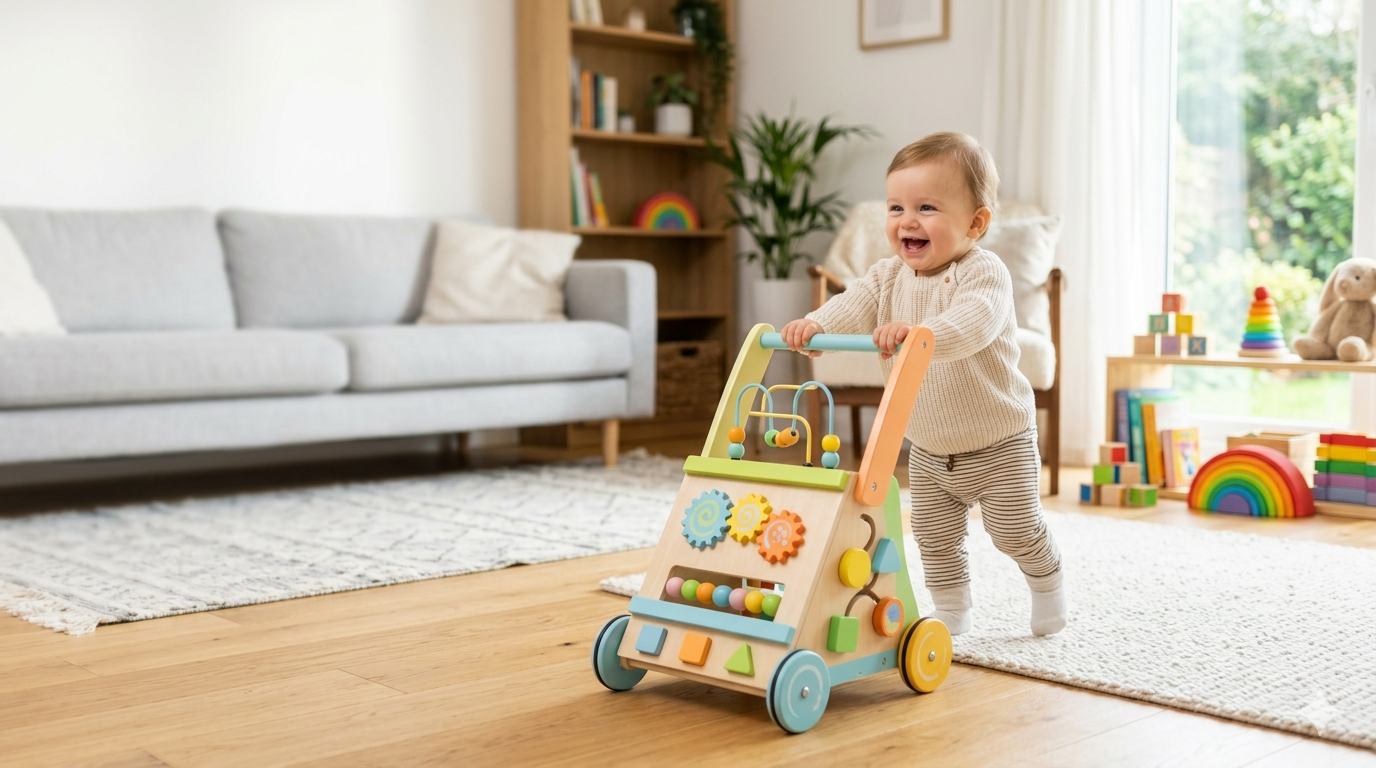 Happy baby using a colorful learning walker toy to practice walking safely at home