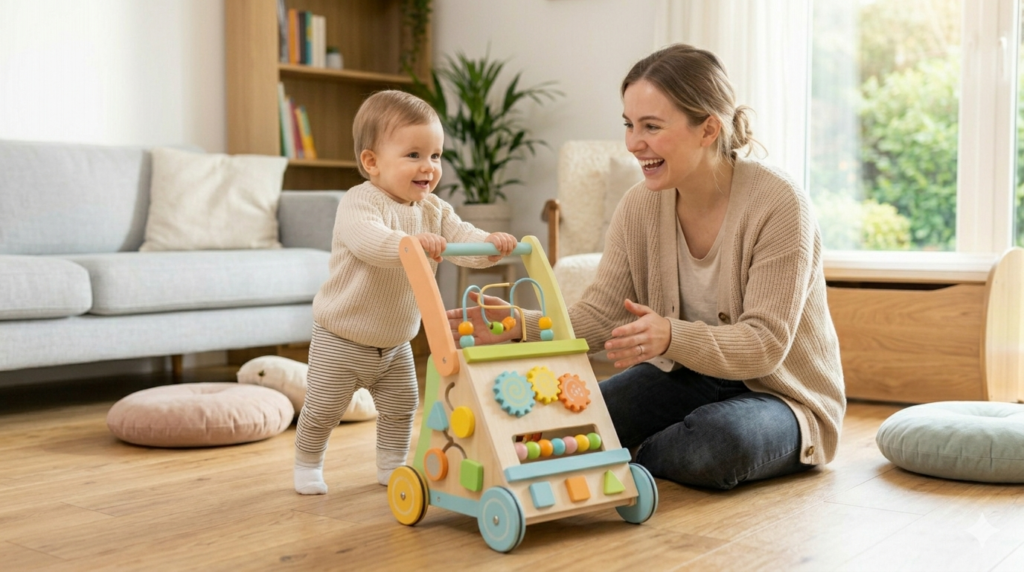 Parent encouraging baby to walk using a learning walker toy at home