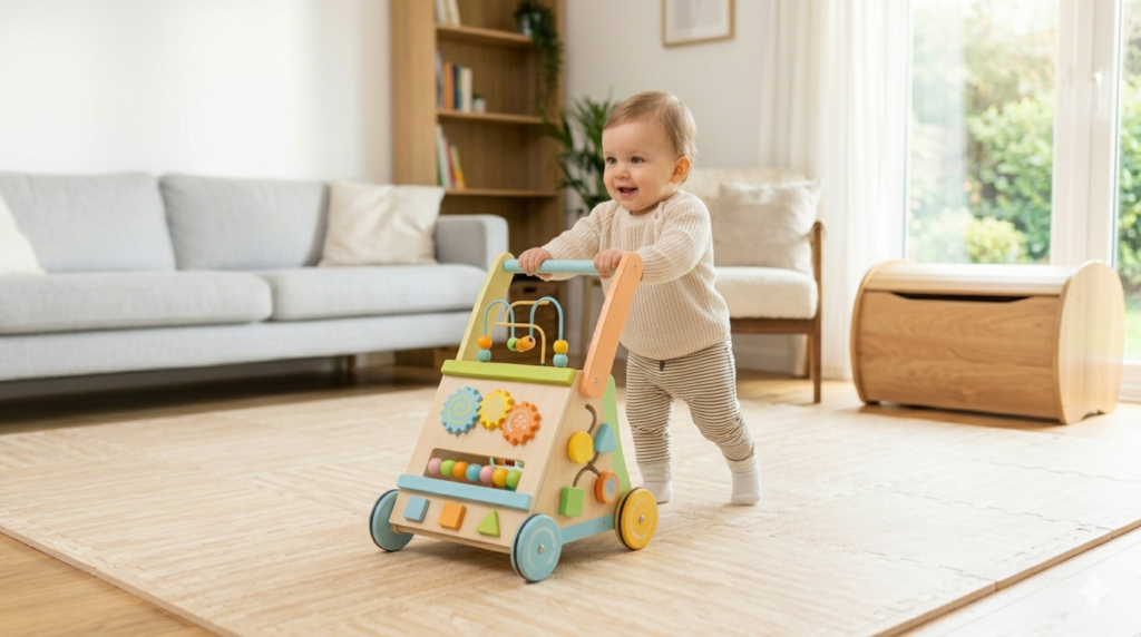 Baby using a learning walker safely on flat surface in a childproof home