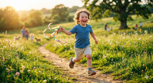 A healthy child playing outside