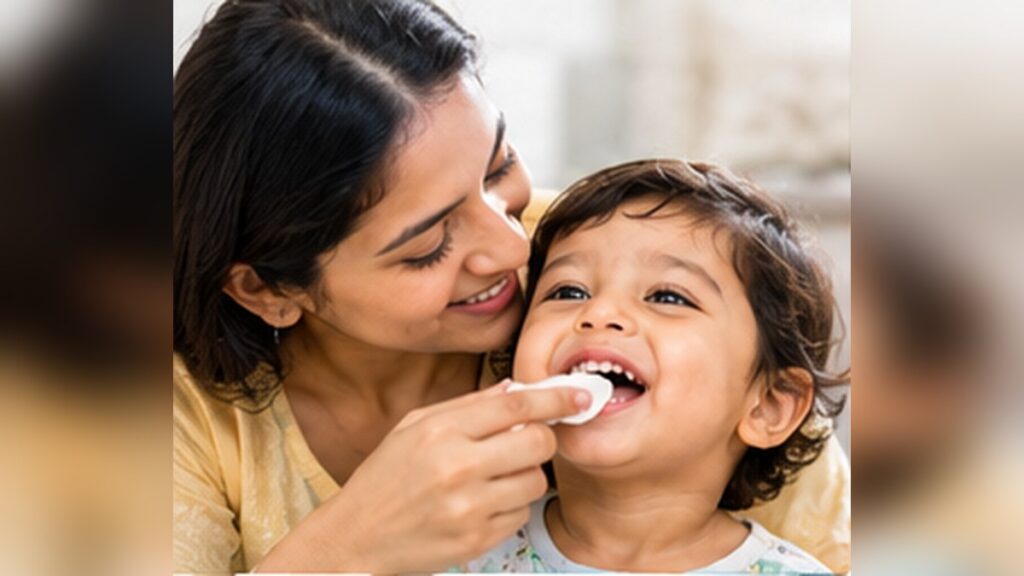 Mother gently wiping her baby’s gums with a soft cloth