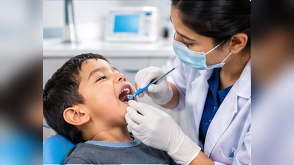 Dentist examining a young child’s teeth
