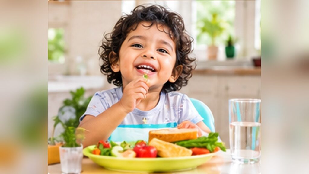 Toddler eating fruits and vegetables at the table