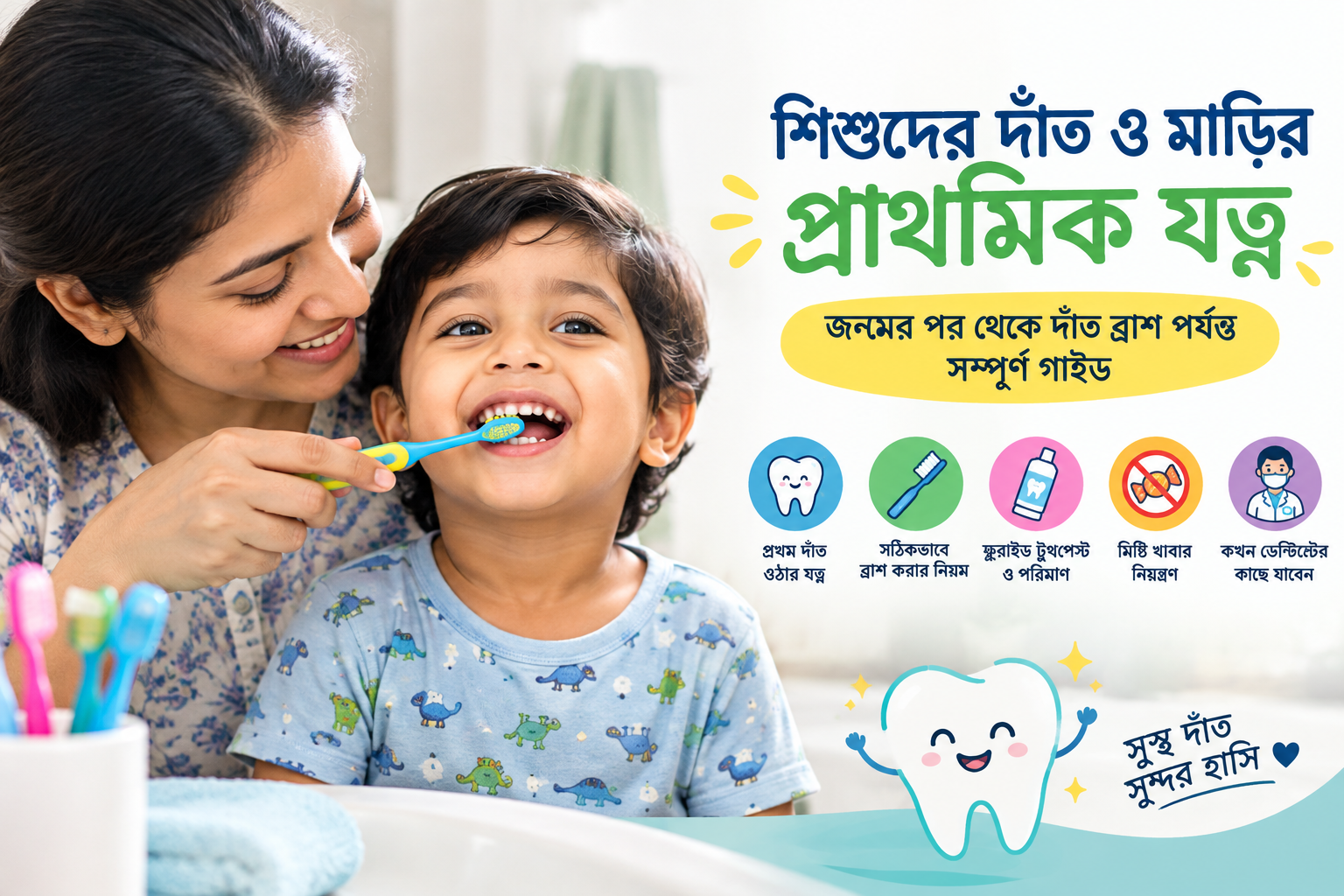 মা শিশুর দাঁত ব্রাশ করাচ্ছেন, শিশুদের দাঁত ও মাড়ির প্রাথমিক যত্নের নির্দেশিকা